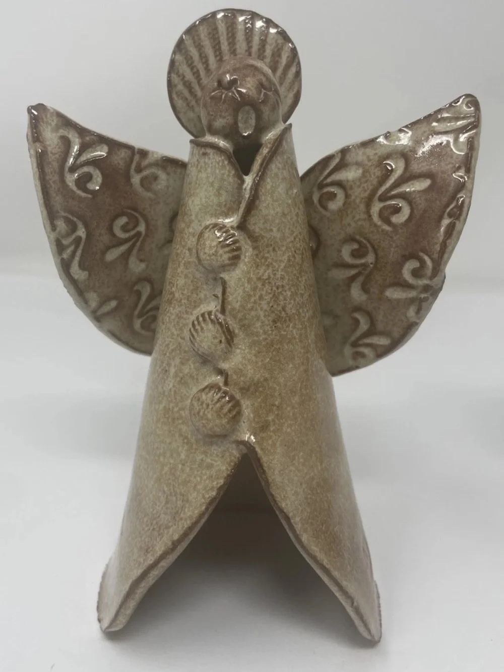 Pair Handmade Studio Pottery Ceramic Angels Folk Art Shell Detail Rustic Decor
